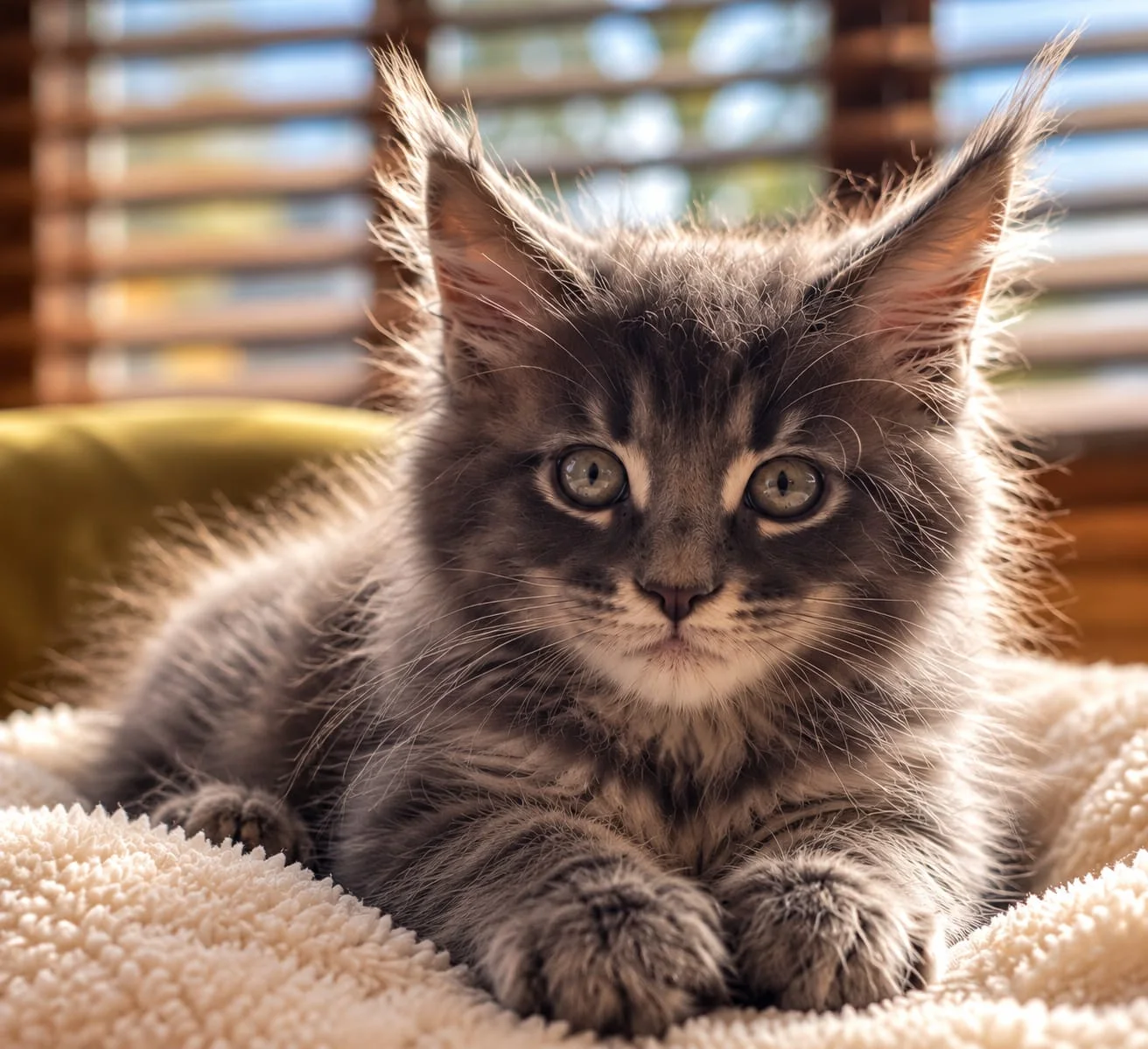 Maine Coon macho atigrado de frente sobre una manta, imagen proporcionada por el propietario
